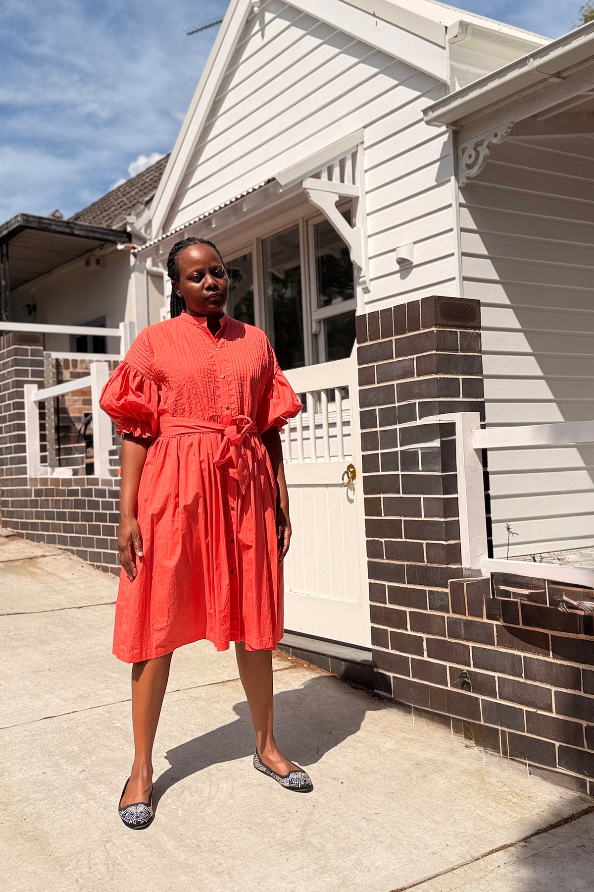 Coral Poplin dress full length view