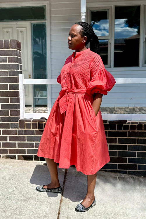 Coral Poplin dress full length view