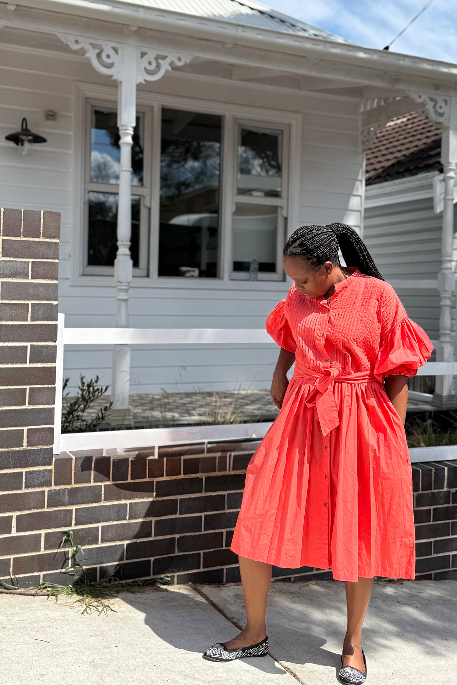 Coral Poplin dress puff sleeve and pleat detail