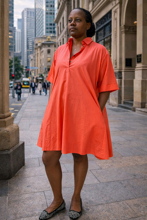 Coral Sway 100% cotton dress by Nisha Merchant Label