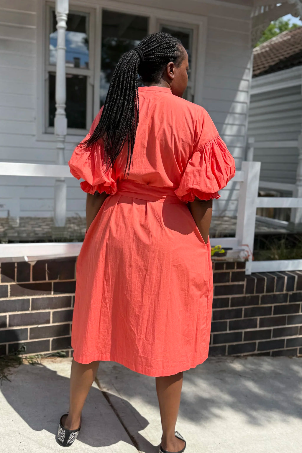 Coral cotton poplin dress back view