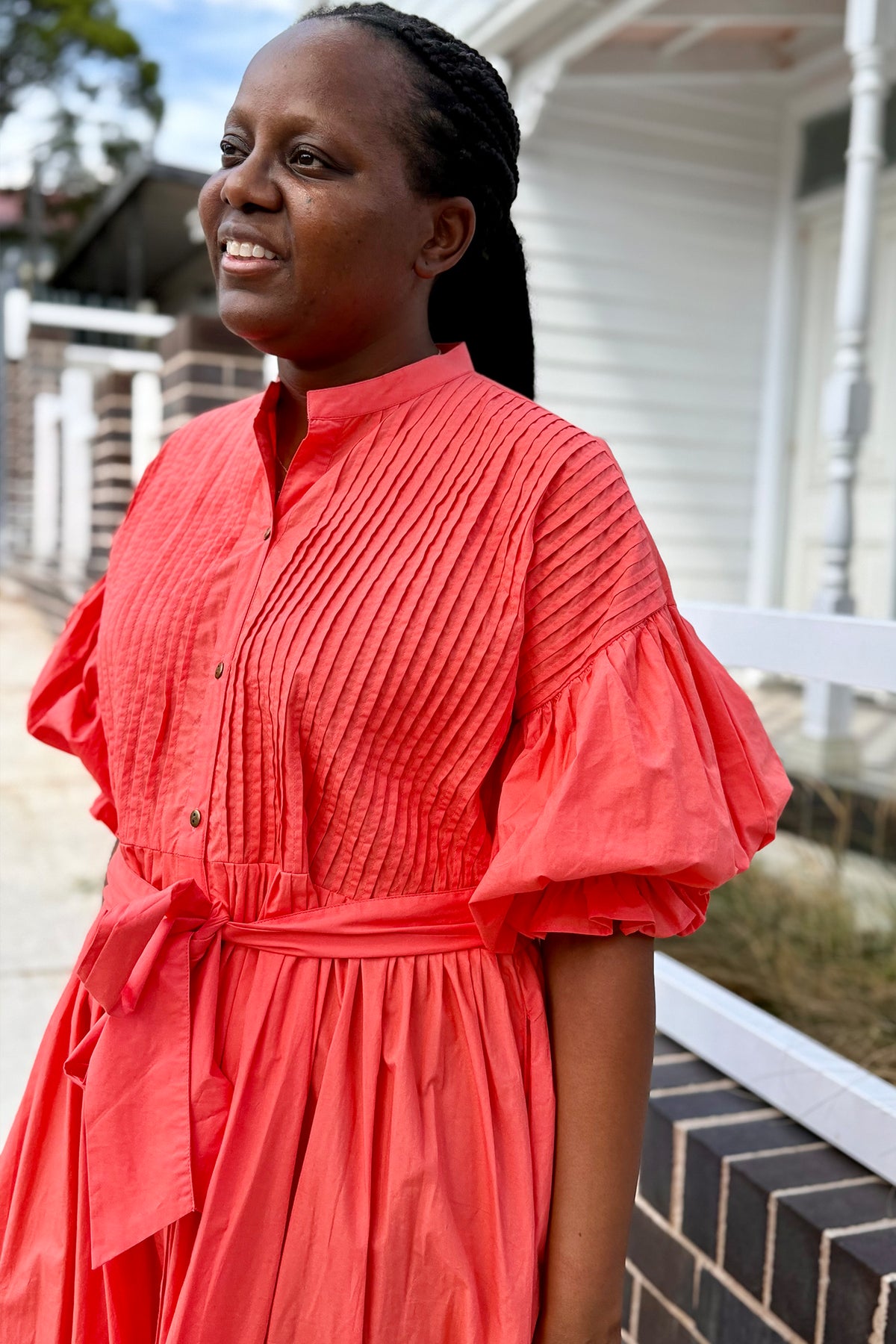 Coral cotton poplin dress side view
