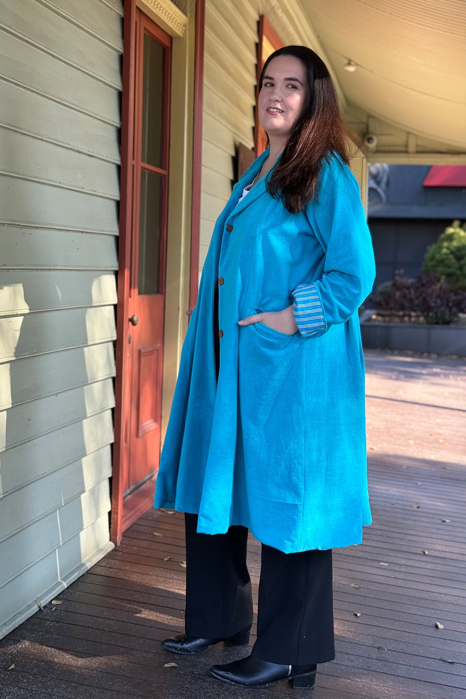 Laguna turquoise premium cotton jacket worn by model