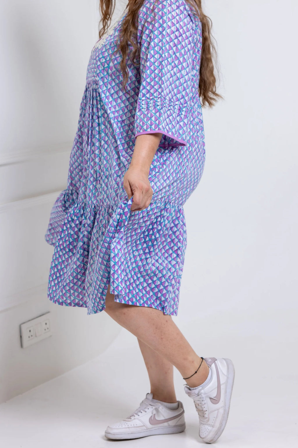Zoey hand block print cotton dress worn by model