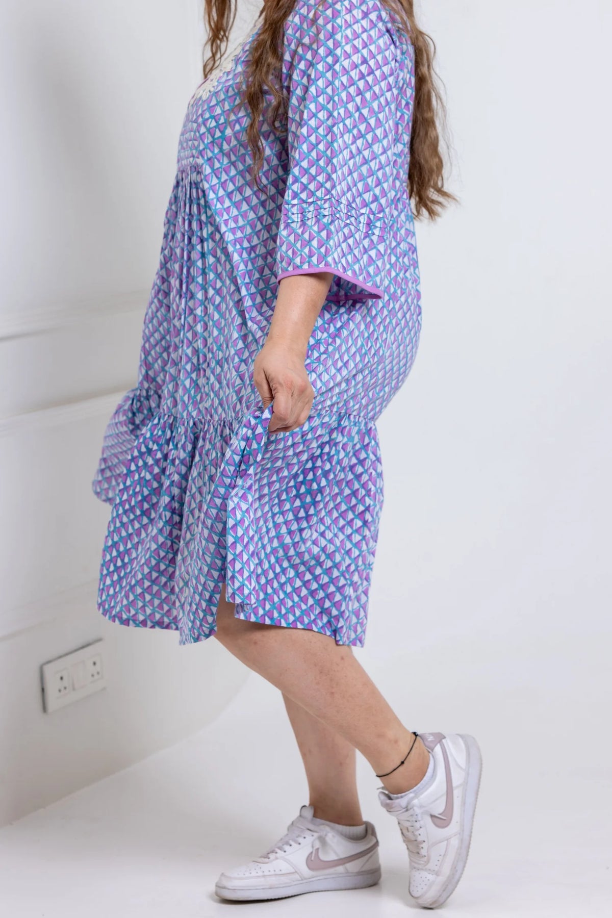 Zoey hand block print cotton dress worn by model