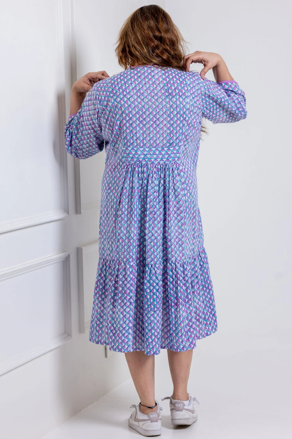 Zoey hand block print cotton dress worn by model